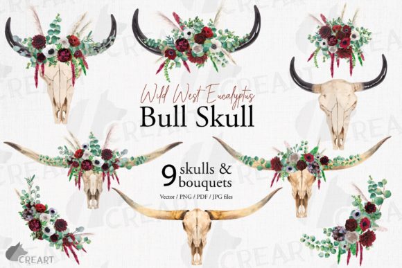 Eucalyptus Burgundy Floral Bull Skull Graphics