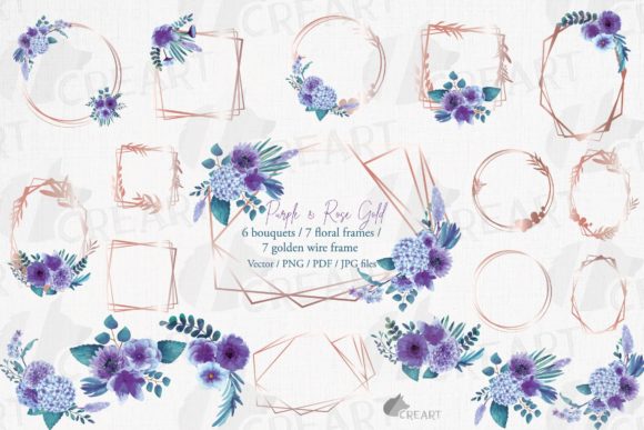 Purple Flowers Rosegold Frame Templates: Graphics & Print Templates