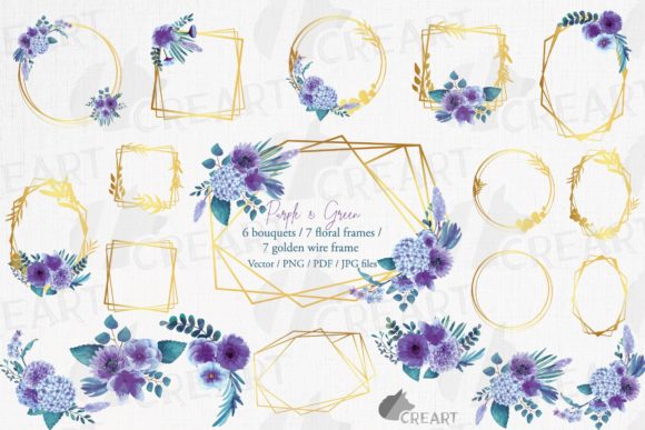 Purple Invitation Bouquets Golden Framea: Graphics & Print Templates