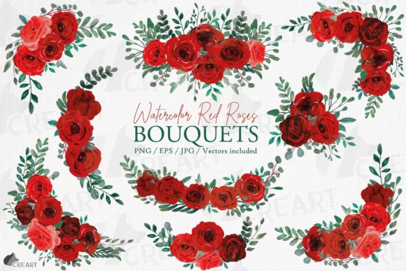Red Rose Bouquets Watercolour Clip Art: Graphics for Print Templates