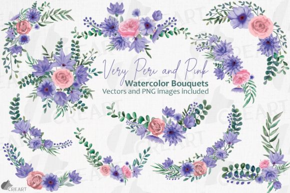 Watercolour Very Peri Flower Bouquets Graphics and Print Templates